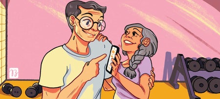 Colorful illustration of a man and a woman in a gym and looking at a smartphone recording progress.