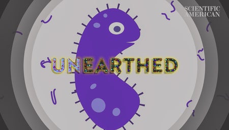 A purple cartoon microbe fills the screen along with the word Unearthed