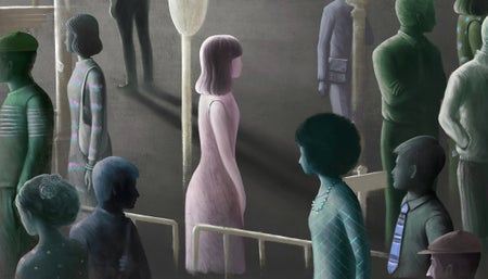 Surreal artist's concept of a woman standing alone in the middle of a crowd in public