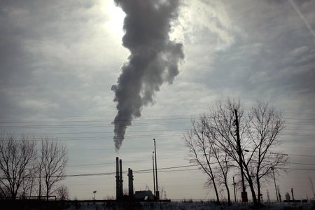 Coal power plant with chimney with grey smoke billowing in landscape with trees.