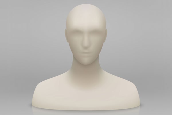 Illustration, colorless and featureless mannequin head and bust on a light gray background