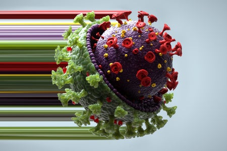 Digital illustration a COVID-19 cell with OMICRON variant, mutated and emerging from the original cell