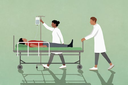 Doctors pushing patient on stretcher with IV on green background