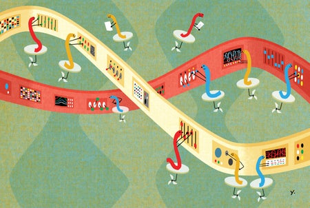 Illustration of active RNA molecules behind machines